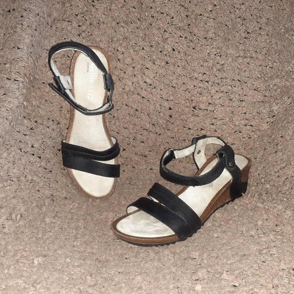 MERRELL-Revalli Aura Black Leather Strappy Cork Wedge Sandals-Sz 9-Near Mint